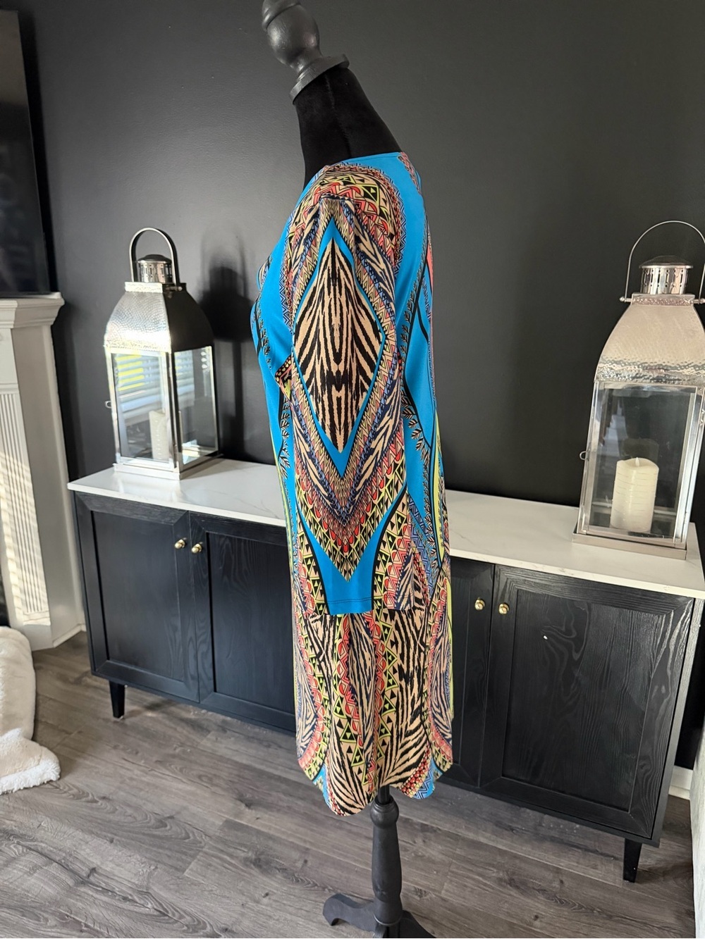 En Focus Studio Multicolor Geometric Print Shift Dress Size 8 Boho Tribal - Picture 3 of 5